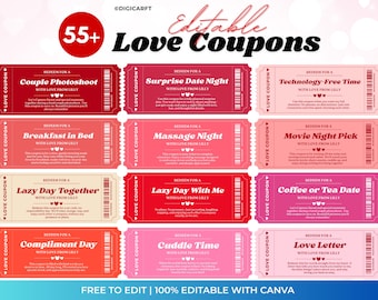 Romantic Love coupon book canva template for wife,Valentines day gift coupon for him,Editable Love voucher template,Anniversary gift for her