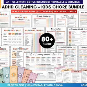kids chore chart editable canva,ADHD cleaning planner, Reward Chart &  Bucks,Allowance,Behavior,Consequences,cleaning checklist printable