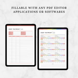 May include: Two digital tablet screens displaying a printable debt payment tracker. The tracker is organized into columns with headings for creditor, interest rate, starting balance, due date, minimum payment, goal payoff date, and notes. The tracker is designed to help users track their debt payments and progress towards becoming debt-free.