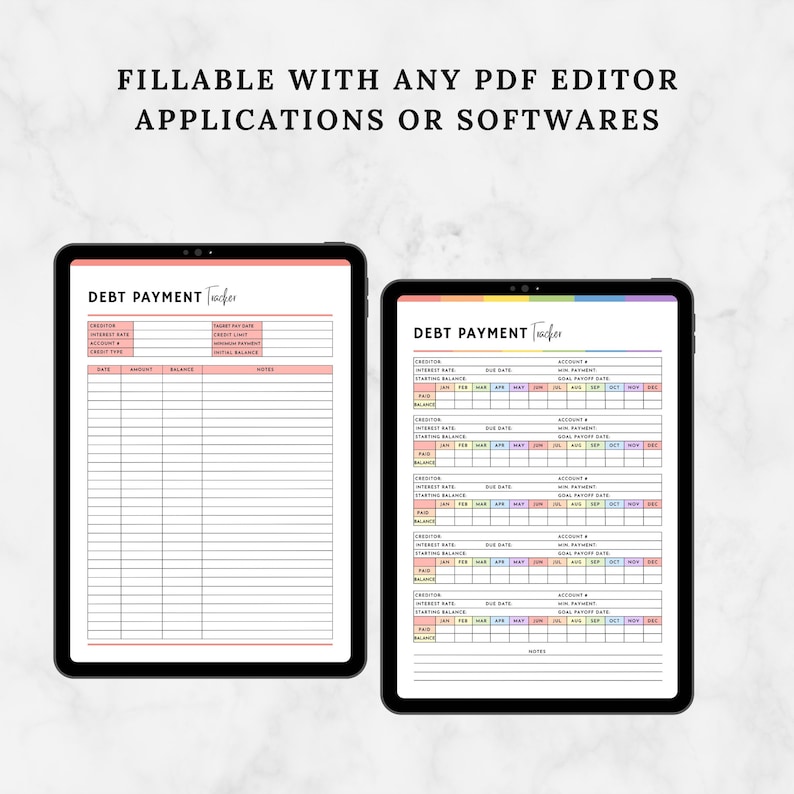 May include: Two digital tablet screens displaying a printable debt payment tracker. The tracker is organized into columns with headings for creditor, interest rate, starting balance, due date, minimum payment, goal payoff date, and notes. The tracker is designed to help users track their debt payments and progress towards becoming debt-free.