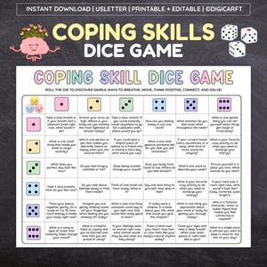 Op de afbeelding: Een printbaar Coping Skills dobbelspelblad met een raster van vragen voor emotionele regulatie. De kaart bevat gekleurde dobbelsteenpictogrammen genummerd van één tot zes, die elk corresponderen met specifieke reflectievragen en oefeningen.