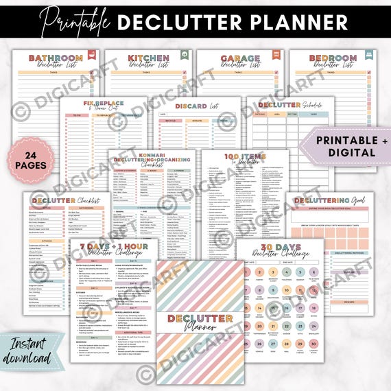 30 days declutter challenge planner printable,Konmari Decluttering checklist,Declutter tracker,Decluttering guide,ADHD Cleaning planner a5