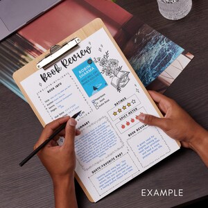 May include: A white book review template with a black and white illustration of a book and flowers. The template includes sections for book info, summary, quote, rating, and a spicy meter. The text "Who Will Cry When You Die" is visible on the book cover.