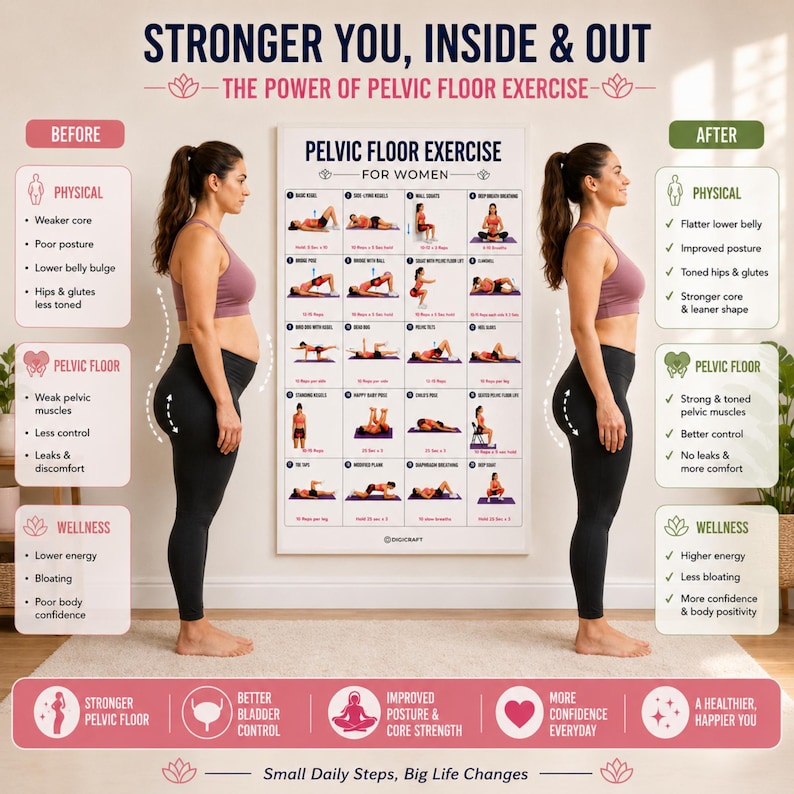 pelvic floor exercises for women, kegel exercise printable PDF, pelvic floor workout chart, bladder control exercises women, postpartum pelvic floor recovery, printable kegel exercise guide, women's pelvic health printable, pelvic floor strengthening exercises, beginner kegel workout, pelvic floor therapy at home, urinary incontinence exercises, deep core strengthening women, pelvic floor fitness planner, instant download workout PDF, printable wellness tracker,abdomen exercise