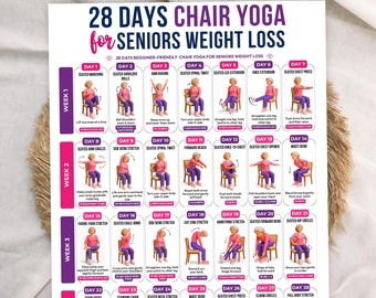 28 Day Chair Yoga for Senior women,seated exercise chart for seniors,Chair yoga for weight loss,Balance exercises,28 days workout challenge