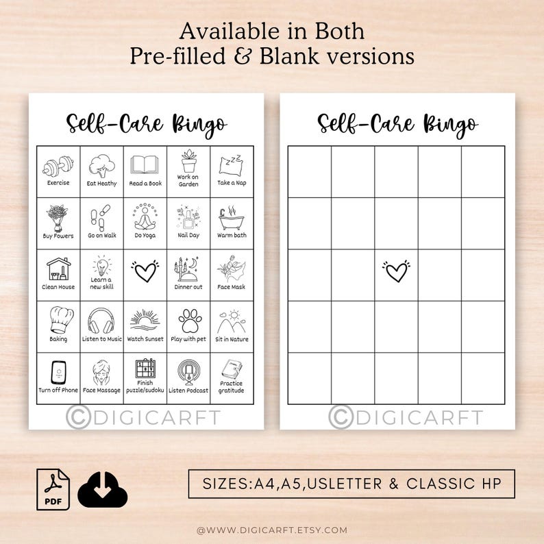Self care bingo printable,Bullett journal bundle,A5 Bujo Selfcare tracker page,Self care journal,Monthly Habit Self care checklist digital