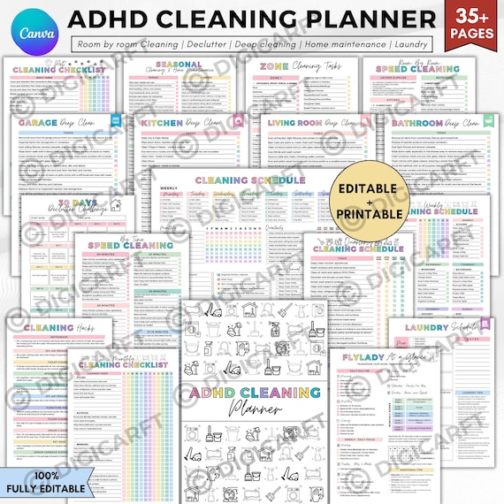 ADHD cleaning planner bundle pdf editable canva,Home cleaning schedule,Weekly,Monthly,Yearly Cleaning Checklist,Declutter,Family Chore Chart