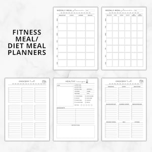 Może przedstawiać: Drukowalne szablony plan&oacute;w posiłk&oacute;w fitness i diet. Zawiera szablony planu posiłk&oacute;w tygodniowych, listy zakup&oacute;w i zdrowych przepis&oacute;w. Projekt w czerni i bieli.