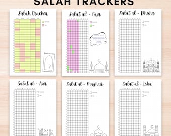 May include: A set of six printable Salah trackers in a Bujo style. Each page features a grid for tracking prayers, with titles like "Salah tracker" and "Salat al-Fajr." The pages include mosque illustrations and the text "6 PAGES | MULTIPLE SIZES | BUJO STYLE | SALAH TRACKERS."