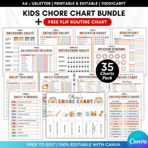 Editable Kids chore chart bundle,Kids daily checklist canva pdf,flip routine,responsibility chart,Allowance,Screentime,Behavior,Reward chart