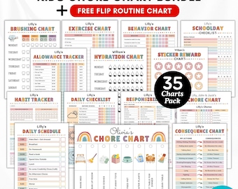 Redigerbart barnsysslorpaket, barns dagliga checklista canva pdf, vändrutin, ansvarsschema, ersättning, skärmtid, beteende, belöningsschema