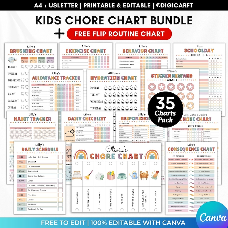 Editable Kids Chore Chart, Kids Chore Chart Bundle, Kids Routine Chart, Daily Routine Chart for Kids, Editable Responsibility Chart, Kids Checklist Printable, Behavior Chart, Reward Chart, Screen Time Checklist, Allowance Tracker, Kids Job Chart, Kids Morning Routine, Bedtime Routine Chart, Weekly Schedule for Kids, School Checklist, Flip Routine Chart, Visual Schedule for Kids, Toddler Routine Chart, Canva Editable Kids Charts, Printable Kids Planner, ADHD Routine Chart, Autism Visual Schedule