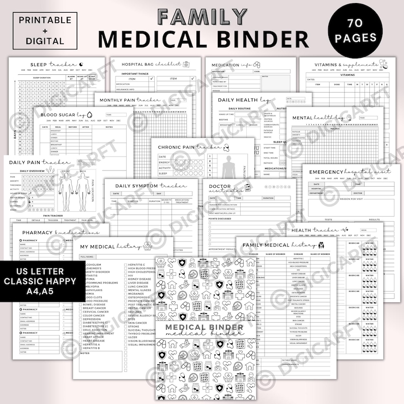 Family medical binder printable,healthcare planner printable,Medical Planner Bundle,Health Binder,doctor visit notes,family medical history, Patient medical tracker, Medicine tracker, Vitamins tracker, Supplement tracker, First aid kit checklist, Hospital bag checklist, Periods tracker, Daily pain tracker, Sleep tracker page, Daily health log
