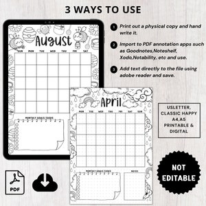 Puede incluir: Planificador imprimible digital con p&aacute;ginas de calendario de agosto y abril. Incluye secciones de metas y tareas mensuales. Presenta un tema de abejas y flores. El planificador est&aacute; disponible en tama&ntilde;os US Letter, Classic Happy, A4 y A5.