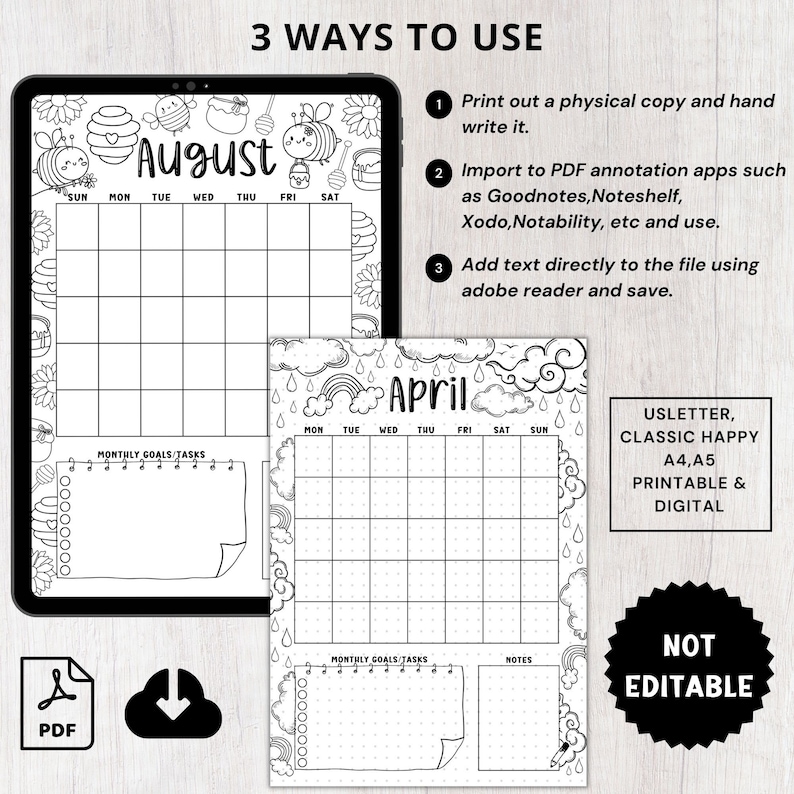 Puede incluir: Planificador imprimible digital con p&aacute;ginas de calendario de agosto y abril. Incluye secciones de metas y tareas mensuales. Presenta un tema de abejas y flores. El planificador est&aacute; disponible en tama&ntilde;os US Letter, Classic Happy, A4 y A5.