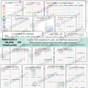 K&ouml;nnte beinhalten: Eine Sammlung druckbarer Planervorlagen mit Pastellfarben. Die Vorlagen umfassen W&auml;schepl&auml;ne, Aufgabenlisten, Reinigungspl&auml;ne und Checklisten zum Entr&uuml;mpeln. Text auf den Vorlagen enth&auml;lt "Prefilled & Blank Templates" und "Ready for Immediate Use, No Editing Required."
