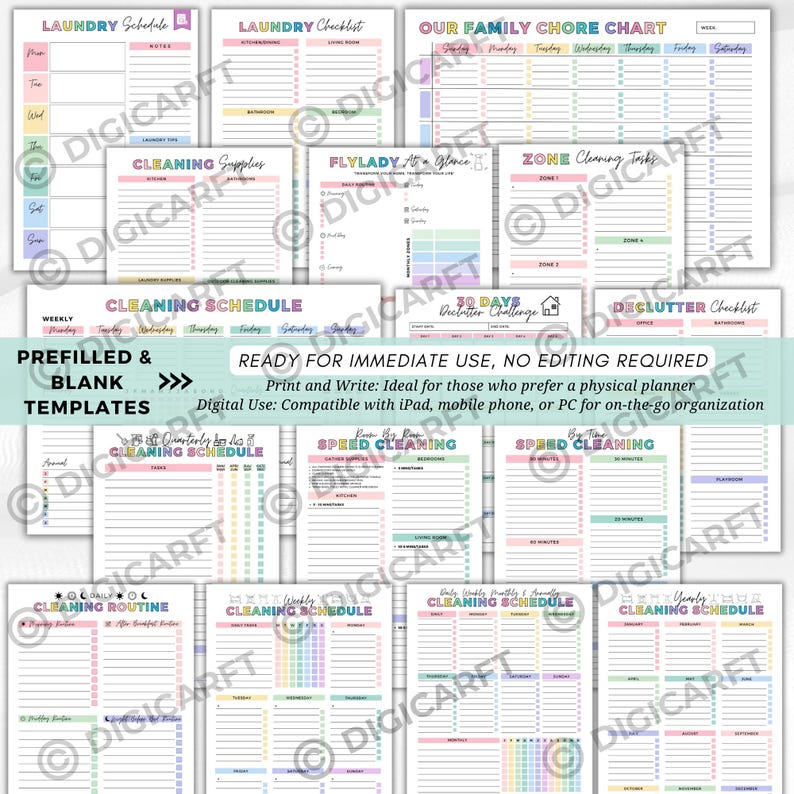 K&ouml;nnte beinhalten: Eine Sammlung druckbarer Planervorlagen mit Pastellfarben. Die Vorlagen umfassen W&auml;schepl&auml;ne, Aufgabenlisten, Reinigungspl&auml;ne und Checklisten zum Entr&uuml;mpeln. Text auf den Vorlagen enth&auml;lt "Prefilled & Blank Templates" und "Ready for Immediate Use, No Editing Required."