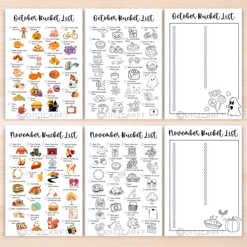 May include: A printable checklist for October and November activities. The checklist includes a variety of activities, such as baking pumpkin pie, carving pumpkins, going to a haunted house, and watching a Thanksgiving parade. The checklist is black and white and has a cute, whimsical design.