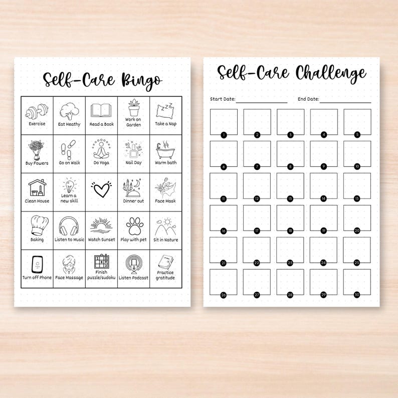 May include: Black and white printable self-care bingo and challenge cards. The bingo card has 25 squares with self-care activities like exercise, eat healthy, read a book, work on garden, take a nap, buy flowers, go on walk, do yoga, nail day, warm bath, clean house, learn a new skill, dinner out, face mask, baking, listen to music, watch sunset, play with pet, sit in nature, turn off phone, face massage, finish puzzle/sudoku, listen podcast, practice gratitude. The challenge card has 25 squares for tracking self-care activities.