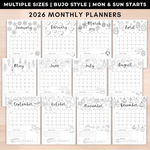 2026 monthly planner with notes printable,12 monthly planner inserts,monthly calendar 2026 to print pdf a5,bullet journal spreads,Bujo pages