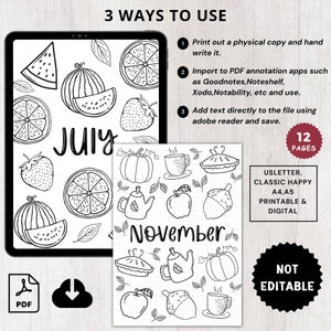 Puede incluir: P&aacute;ginas de planificador imprimibles en blanco y negro con una variedad de ilustraciones, que incluyen frutas, tazas de t&eacute;, calabazas y hojas. Las p&aacute;ginas est&aacute;n etiquetadas como "Julio" y "Noviembre". El texto "12 P&aacute;ginas" y "USLETTER, CLASSIC HAPPY A4,A5 PRINTABLE & DIGITAL" tambi&eacute;n est&aacute; incluido. El texto "NOT EDITABLE" est&aacute; en un c&iacute;rculo.