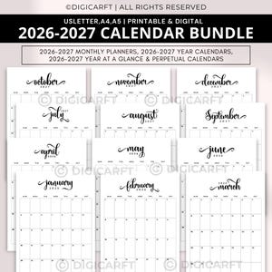 Maandplanner 2026 2027 afdrukbaar, 2026 2027 kalenderbundel, bewerkbare portret maandkalenders, eeuwigdurende kalenders, jaar in één oogopslag a4