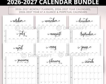 Maandplanner 2026 2027 afdrukbaar, 2026 2027 kalenderbundel, bewerkbare portret maandkalenders, eeuwigdurende kalenders, jaar in één oogopslag a4