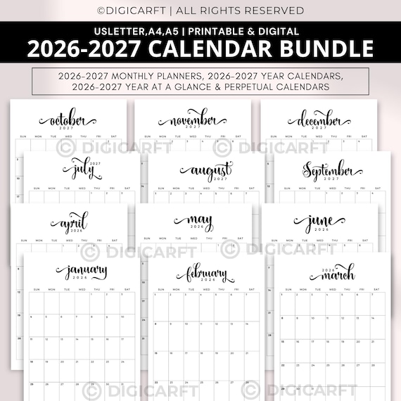 Monthly planner 2026 2027 printable,2026 2027 Calendar Bundle,Editable Portrait Monthly Calendars,Perpetual Calendars,Year at a Glance a4