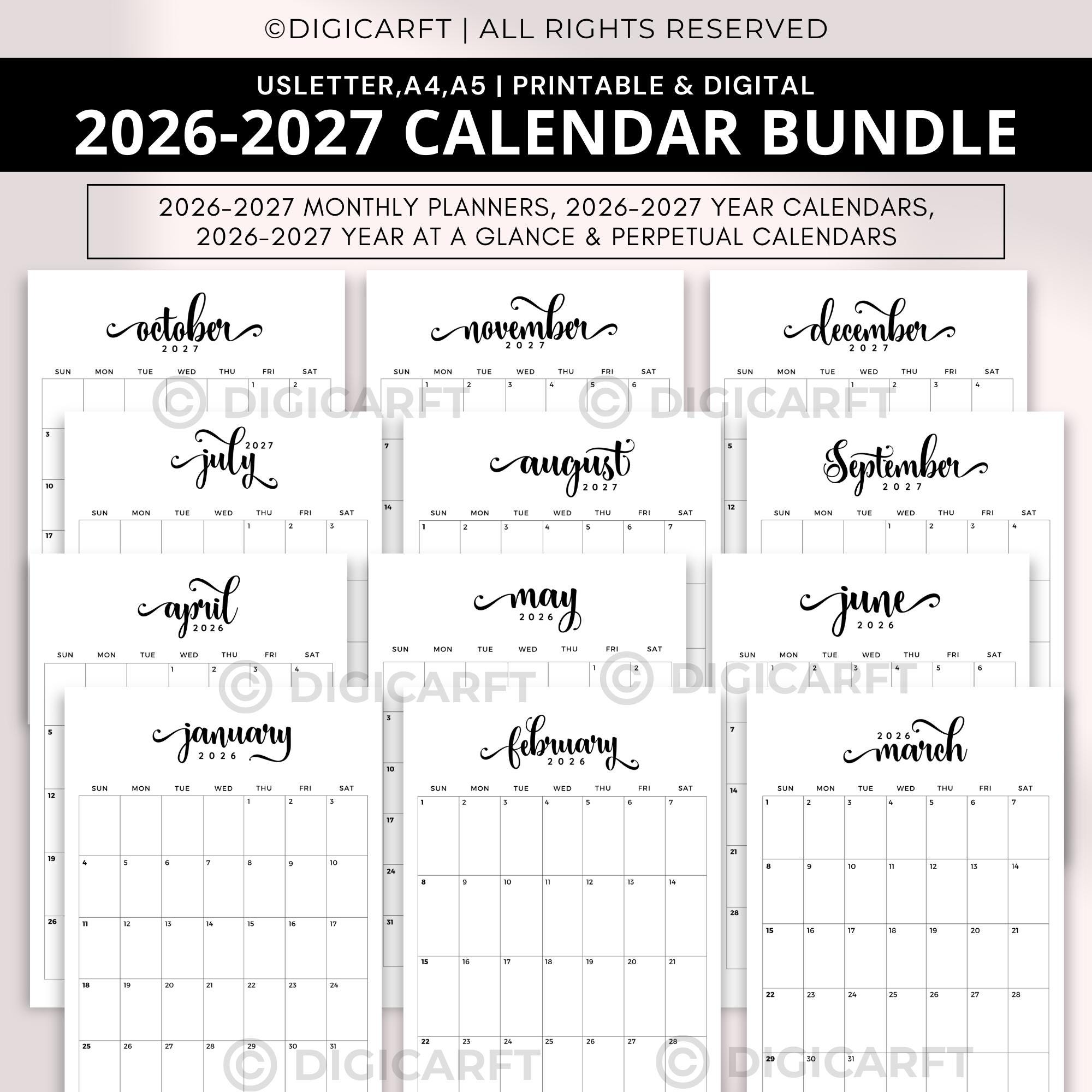 Monthly Planner 2026 2027 Printable,2026 2027 Calendar Bundle,editable