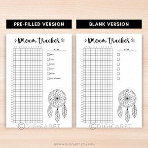 May include: Two black and white printable dream tracker pages. The left page is pre-filled with a grid and a list of dream categories: happy, funny, weird, scary, boring, and don't remember. The right page is blank with a grid and a list of dream categories. Both pages feature a dream catcher illustration.