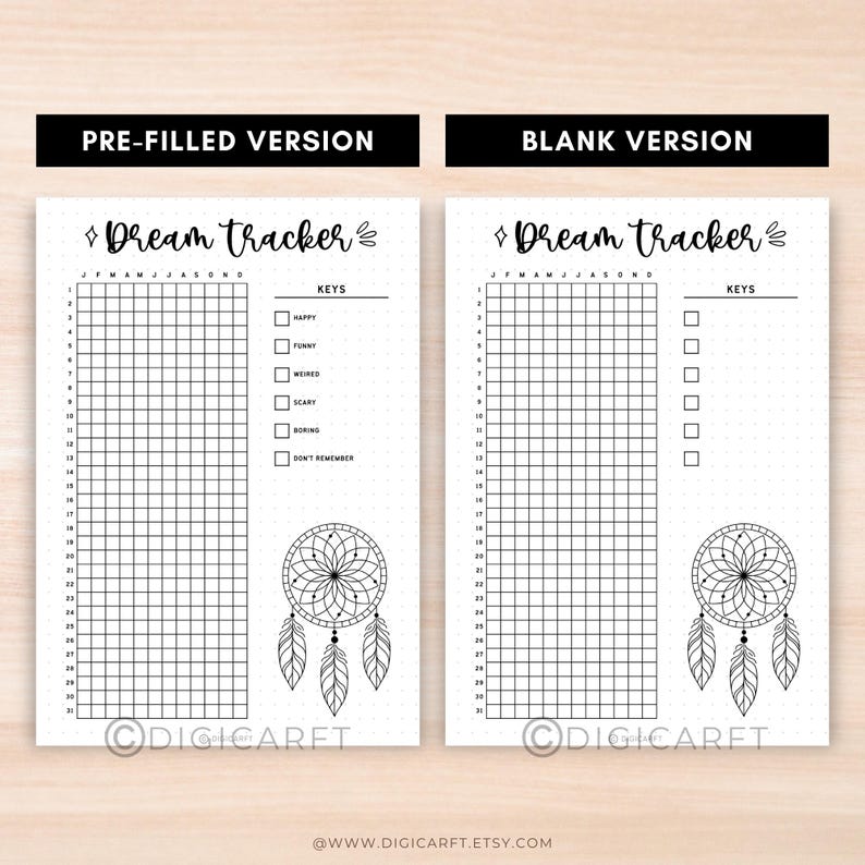 May include: Two black and white printable dream tracker pages. The left page is pre-filled with a grid and a list of dream categories: happy, funny, weird, scary, boring, and don't remember. The right page is blank with a grid and a list of dream categories. Both pages feature a dream catcher illustration.
