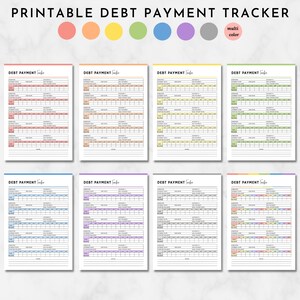 May include: Printable debt payment tracker with eight different color options: pink, orange, yellow, green, blue, purple, gray, and multi-color. Each tracker has columns for debt name, starting balance, minimum payment, interest rate, payment date, payment amount, and remaining balance.