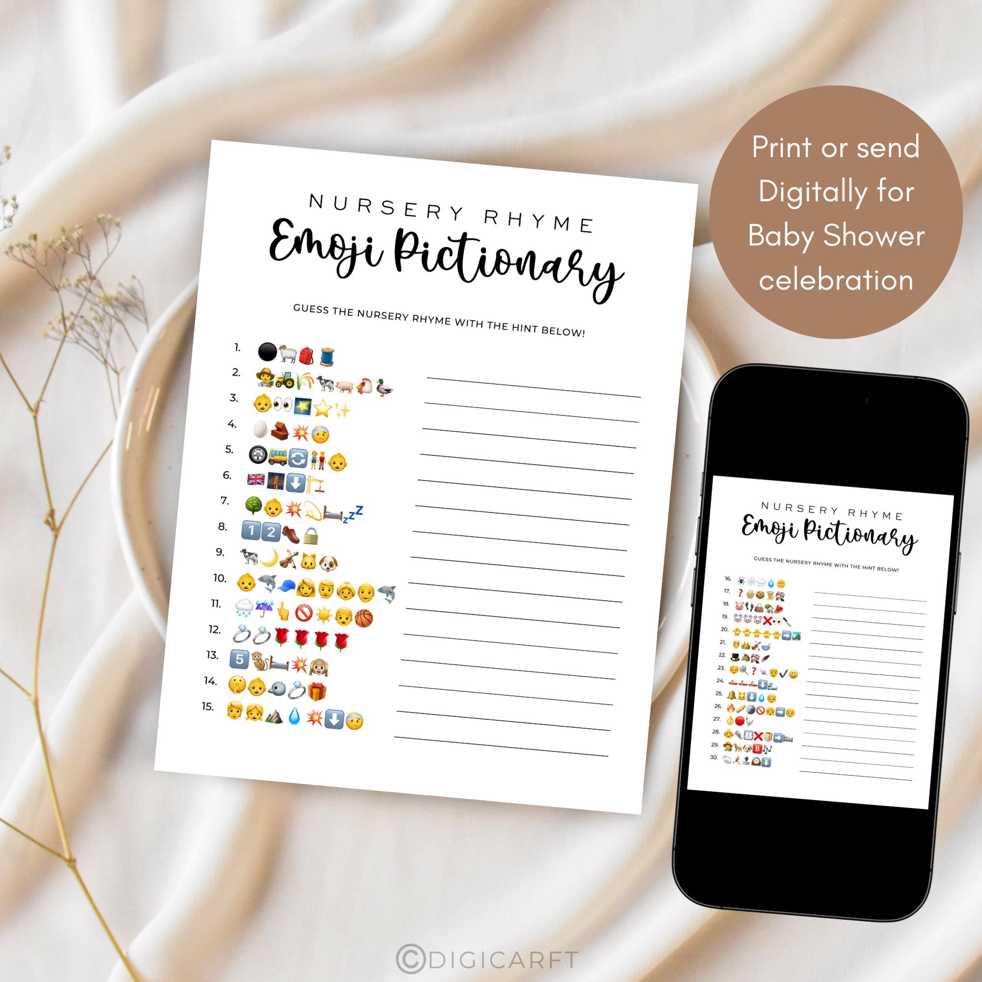 Nursery Rhyme Emoji Pictionary Game Printable,baby Shower Game Minimalist With Answer Keys,emoji ...