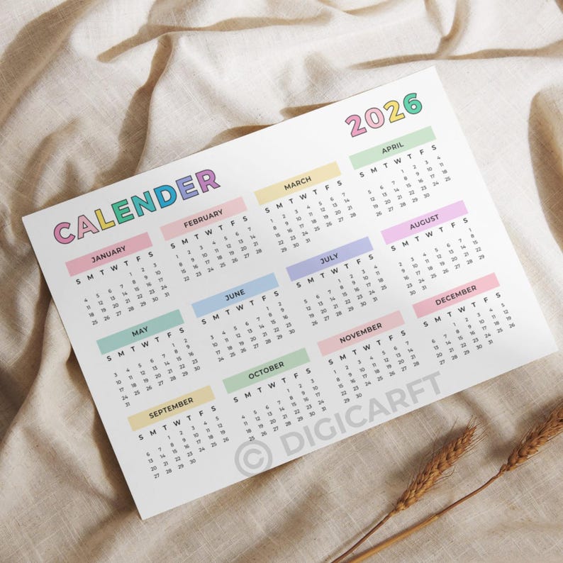 2026 year at a glance calendar printable,Rainbow yearly planner 2026 inserts pdf,Full year calendar poster 2026,2026 wall calendar template