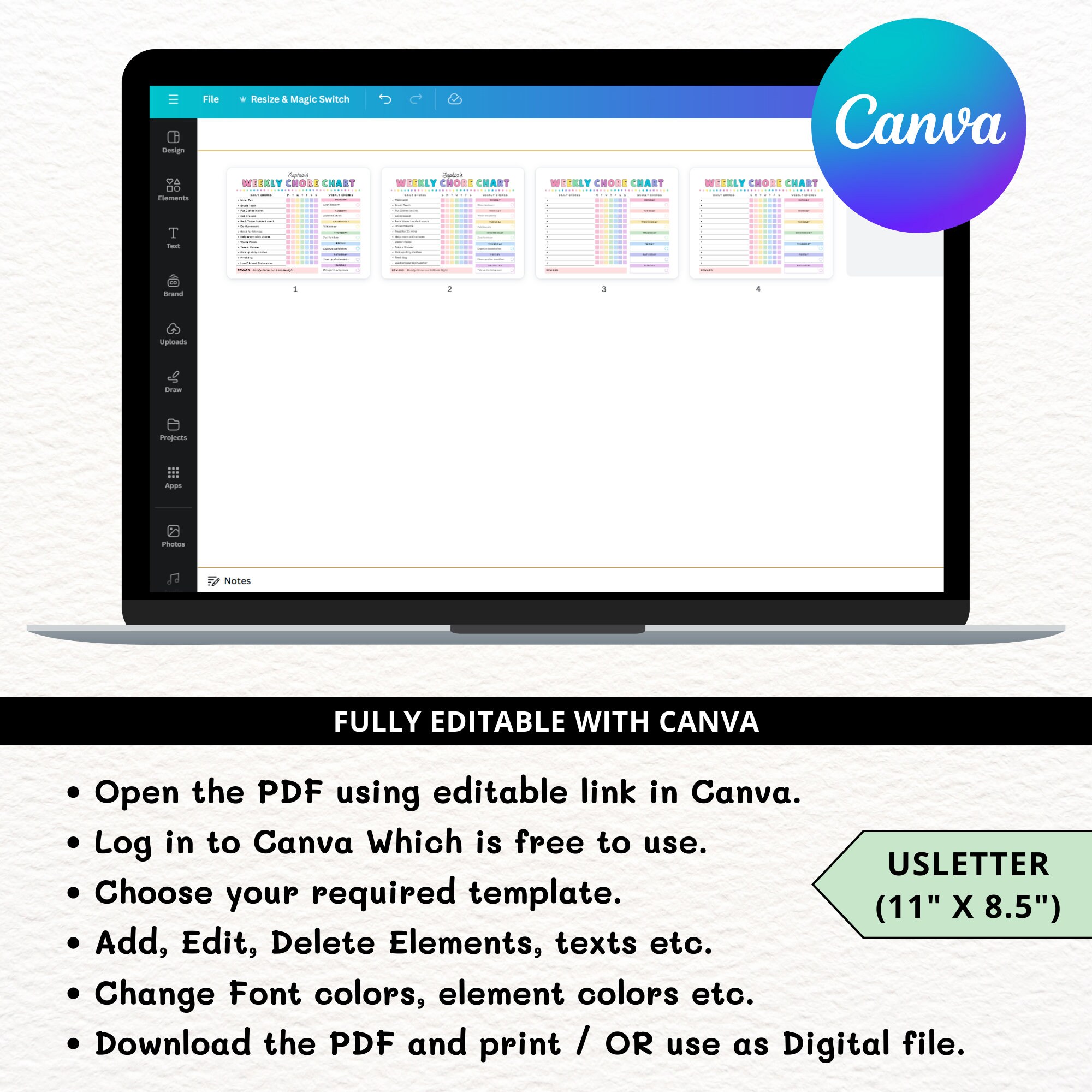 Editable Weekly Chore Chart for Kids Canva,printable Kids Chores ...