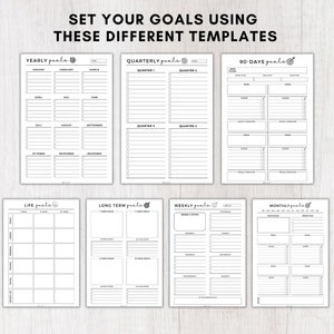 Personal Goal action plan worksheet,Long term goals,Yearly goals planner,Monthly Goal planner,Daily goal planner,Weekly goal planner,Goal review template,Monthly goal reflection sheet,Life vision board workbook