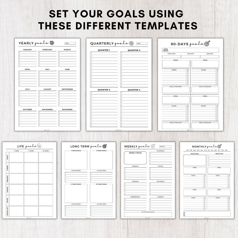 Personal Goal action plan worksheet,Long term goals,Yearly goals planner,Monthly Goal planner,Daily goal planner,Weekly goal planner,Goal review template,Monthly goal reflection sheet,Life vision board workbook