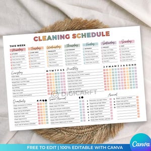 Editable cleaning schedule checklist,ADHD Home cleaning planner Daily weekly monthly yearly,Family cleaning chart,Household Kids chores list