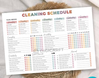 Editable cleaning schedule checklist,ADHD Home cleaning planner Daily weekly monthly yearly,Family cleaning chart,Household Kids chores list