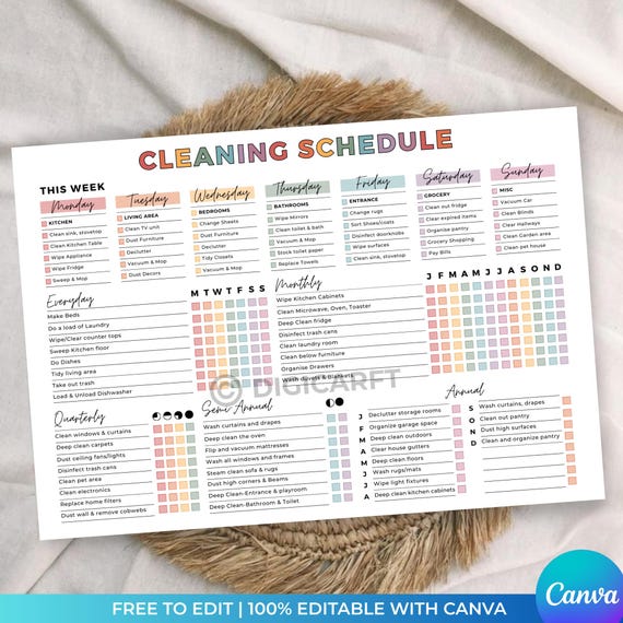 Editable cleaning schedule checklist,ADHD Home cleaning planner Daily weekly monthly yearly,Family cleaning chart,Household Kids chores list