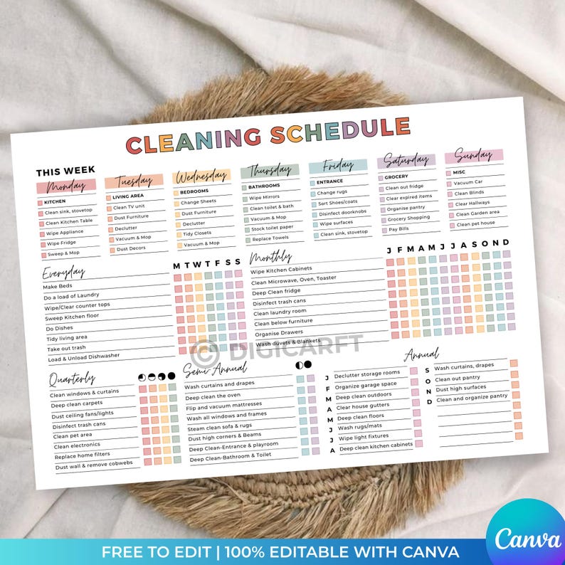 Editable cleaning schedule checklist canva adhd,Home cleaning planner weekly monthly yearly Semi-annually, Quarterly Clean house schedule printable,house chore chart,Digital cleaning template,Printable cleaning checklist home,Kitchen,Bathroom,Living room,Bedroom Cleaning checklist,Master Cleaning tracker, Family cleaning responsibility charts,Kids cleaning chores list