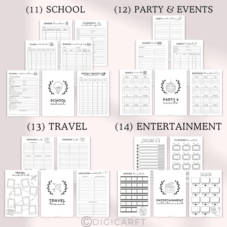 Kids school information, Weekly school activities, Class schedule template, School reading log, Grade tracker, Classmate contact, Party and event planner, Birthday tracker, Travel planner,Travel bucket list, Packing checklist,Movies tracker