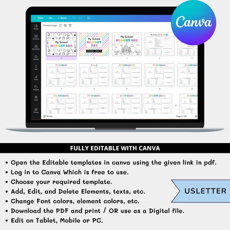 May include: A laptop screen displaying a Canva design template for a "My School Memory Box". The template is divided into sections for different grade levels, with each section containing a grid of boxes for writing memories. The template is fully editable with Canva.