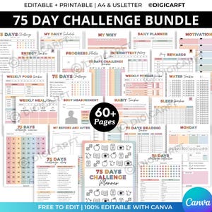 Puede incluir: Un paquete de páginas de planificador imprimibles para un desafío de 75 días. Las páginas incluyen rastreadores para horarios diarios, alimentos, fitness, ingesta de agua y más. El diseño es colorido con una variedad de diseños y el texto "75 DAY CHALLENGE BUNDLE".
