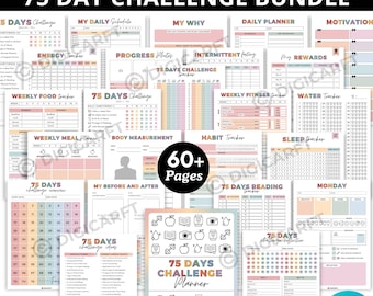 Könnte beinhalten: Ein Bundle aus druckbaren Planerseiten für eine 75-Tage-Challenge. Die Seiten enthalten Tracker für Tagespläne, Ernährung, Fitness, Wasseraufnahme und mehr. Das Design ist farbenfroh mit einer Vielzahl von Layouts und dem Text "75 DAY CHALLENGE BUNDLE".