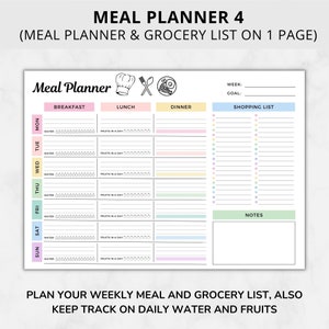 Peut inclure: Un mod&egrave;le de planificateur de repas et de liste d'&eacute;picerie imprimable avec un sch&eacute;ma de couleurs pastel. Le mod&egrave;le comprend des sections pour le petit-d&eacute;jeuner, le d&eacute;jeuner et le d&icirc;ner, ainsi qu'une liste de courses et une section de notes. Le texte "MEAL PLANNER 4" est en haut de la page.