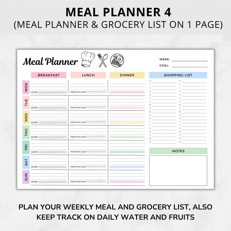 Peut inclure: Un mod&egrave;le de planificateur de repas et de liste d'&eacute;picerie imprimable avec un sch&eacute;ma de couleurs pastel. Le mod&egrave;le comprend des sections pour le petit-d&eacute;jeuner, le d&eacute;jeuner et le d&icirc;ner, ainsi qu'une liste de courses et une section de notes. Le texte "MEAL PLANNER 4" est en haut de la page.