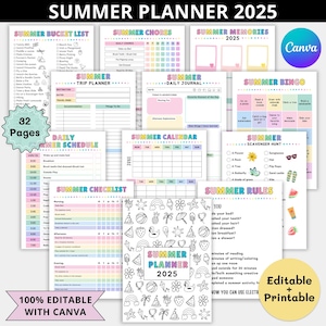 Zomerplanner 2025 voor kinderen afdrukbaar, bewerkbare poster checklist zomerregels, zomerbucketlist digitaal, zomerkalender activiteitengrafiek pdf