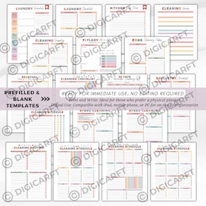 K&ouml;nnte beinhalten: Eine Sammlung druckbarer Reinigungs- und Organisationstabellen in verschiedenen Pastellfarben. Enth&auml;lt W&auml;schepl&auml;ne, Checklisten und Entr&uuml;mpelungsanleitungen. Der Text auf dem Bild lautet "PREFILLED & BLANK TEMPLATES" und "READY FOR IMMEDIATE USE, NO EDITING REQUIRED."