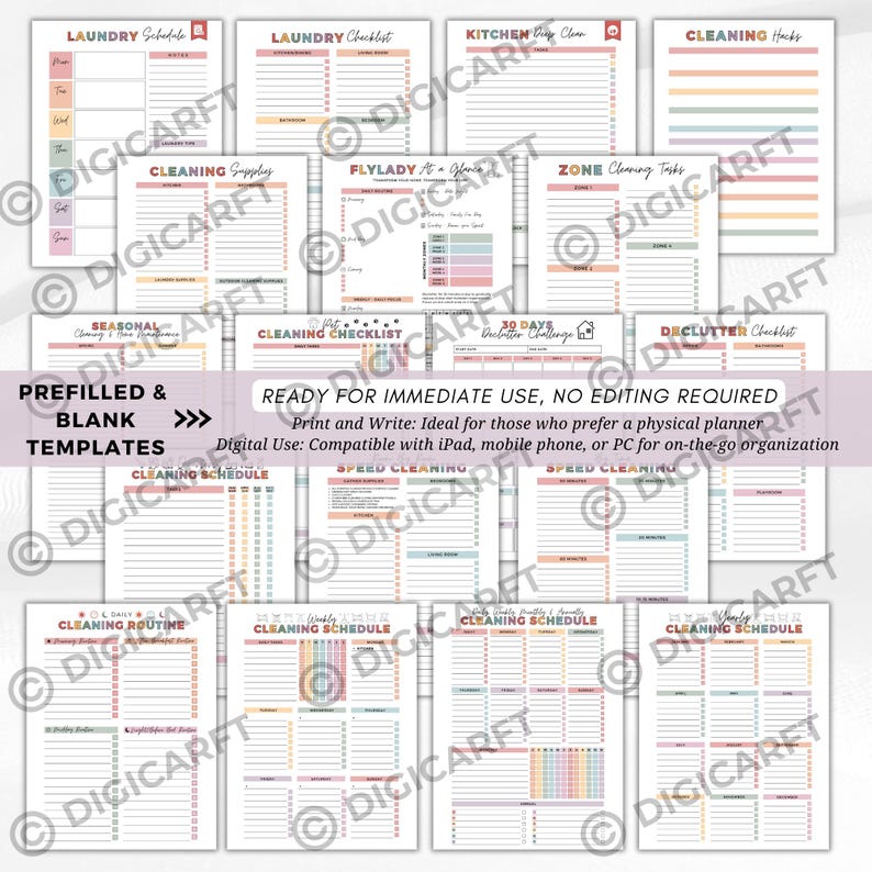 K&ouml;nnte beinhalten: Eine Sammlung druckbarer Reinigungs- und Organisationstabellen in verschiedenen Pastellfarben. Enth&auml;lt W&auml;schepl&auml;ne, Checklisten und Entr&uuml;mpelungsanleitungen. Der Text auf dem Bild lautet "PREFILLED & BLANK TEMPLATES" und "READY FOR IMMEDIATE USE, NO EDITING REQUIRED."
